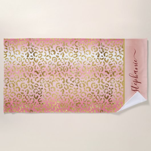 Glam Pink Ombre Gold Leopard Pattern - Gepersonali Strandlaken (Voorkant)