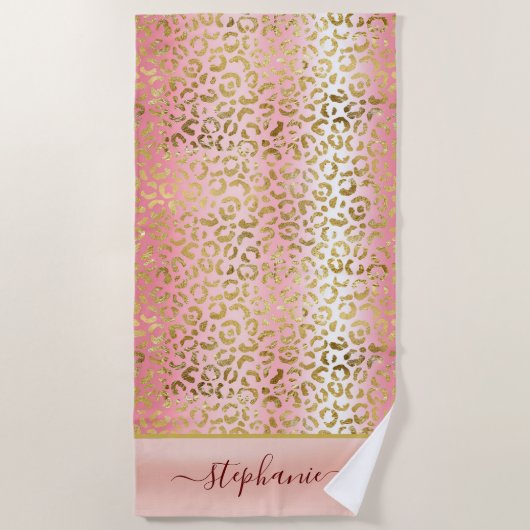 Glam Pink Ombre Gold Leopard Pattern - Gepersonali Strandlaken (Voorkant)