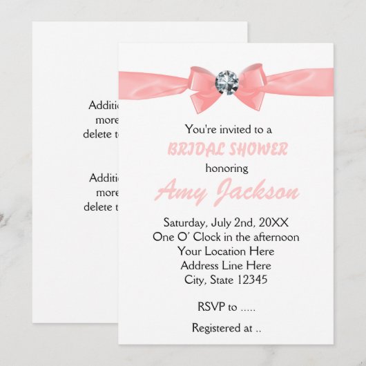 Glam Pink Peach Diamond Bow Bruidsuitnodiging Kaart (Voorkant / Achterkant)