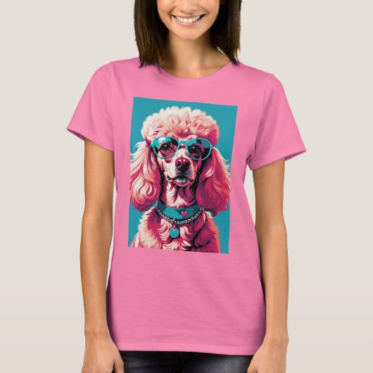 Glam Pink Poodle In Teal Sunglasses & Heart Callor T-shirt (Voorkant)