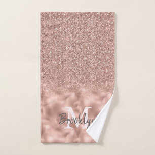 Glam Pink Rose Gold Glitter Confetti Monogrammed Bad Handdoek