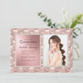 Glam Pink Rose Gold Quinceañera Foto Pearls Kaart (Staand voorkant)