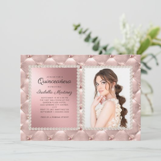 Glam Pink Rose Gold Quinceañera Foto Pearls Kaart (Staand voorkant)