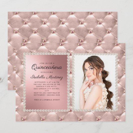 Glam Pink Rose Gold Quinceañera Foto Pearls Kaart (Voorkant / Achterkant)