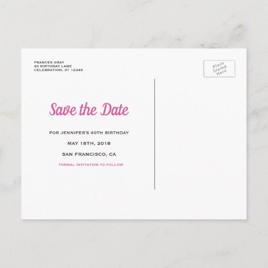 Glam Pink Save the Date Elegant Verjaardagsfeest Aankondigingskaart (Achterkant)