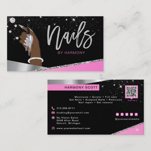 Glam Pink Silver Diamonds Nail Salon Tech Artist Visitekaartje (Voorkant / Achterkant)