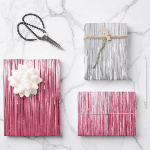 Glam Pink Silver Sparkle Stripes Inpakpapier Vel