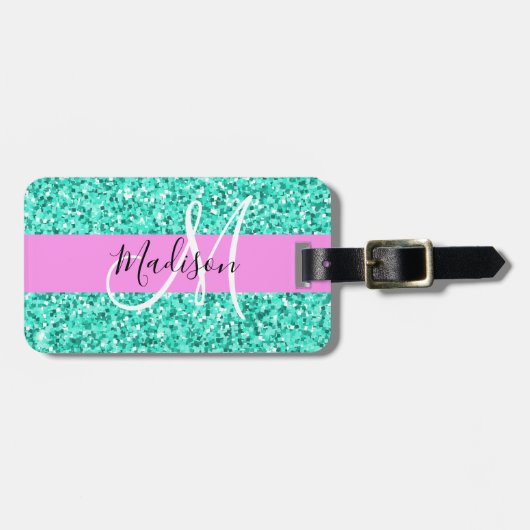 Glam Pink Turquoise Glitter Sparkles Monogram Bagagelabel (Voorkant horizontaal)