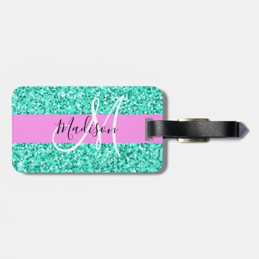 Glam Pink Turquoise Glitter Sparkles Monogram Bagagelabel (Achterkant horizontaal)