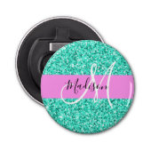 Glam Pink Turquoise Glitter Sparkles Monogram Button Flesopener (Voorkant)