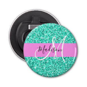 Glam Pink Turquoise Glitter Sparkles Monogram Button Flesopener