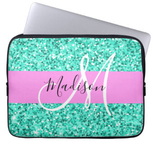 Glam Pink Turquoise Glitter Sparkles Monogram Laptop Sleeve