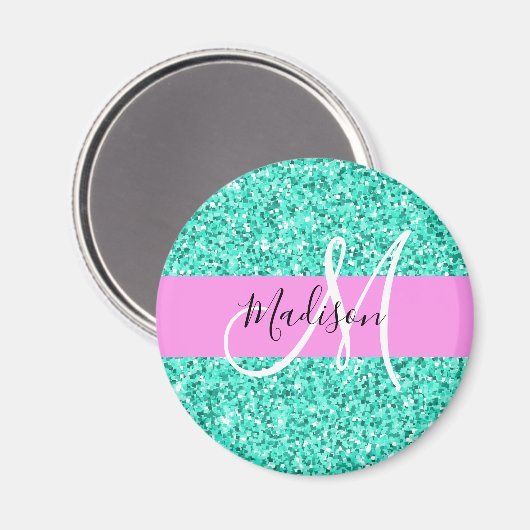 Glam Pink Turquoise Glitter Sparkles Monogram Magneet (Voorkant / Achterkant)