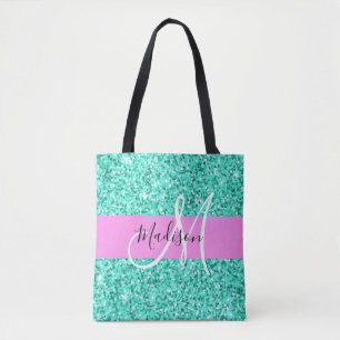 Glam Pink Turquoise Glitter Sparkles Monogram Tote Bag