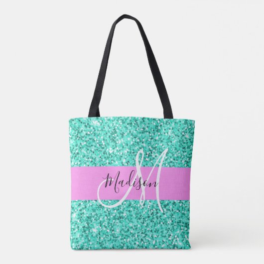 Glam Pink Turquoise Glitter Sparkles Monogram Tote Bag (Achterkant)