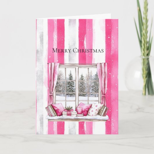 Glam Pink White Christmas Tree Window Stripes Kaart (Voorkant)