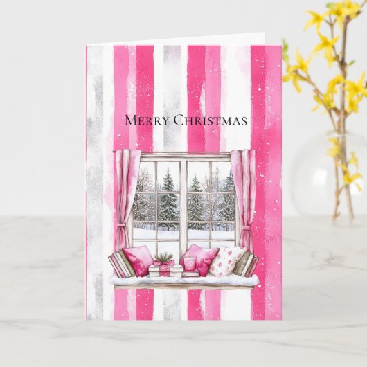 Glam Pink White Christmas Tree Window Stripes Kaart (Gele Bloem)