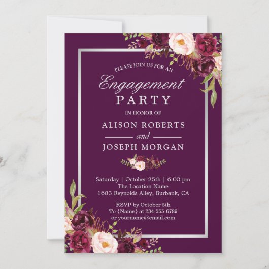 Glam Plum Paars Floral Wedding Engagement Party Kaart (Voorkant)
