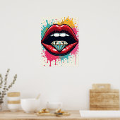 Glam Pop Art Red Lips en Diamond Poster (Keuken)