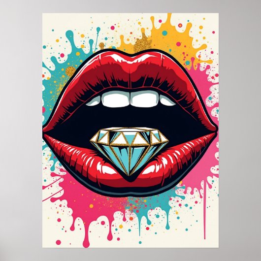 Glam Pop Art Red Lips en Diamond Poster (Voorkant)