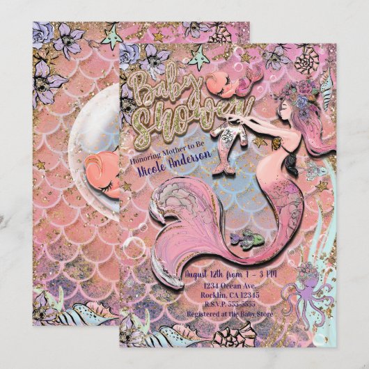 Glam Prego Mermaid Gold Glitter Baby shower Kaart (Voorkant / Achterkant)