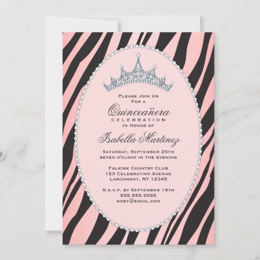 Glam Princess Tiara Zebra Pink Quinceanera Party Kaart (Voorkant)