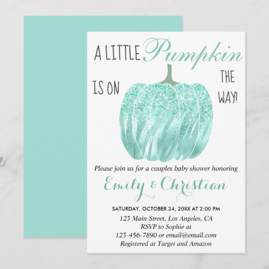 Glam Pumpkin Aqua Turquoise Glitter Baby shower Kaart (Voorkant / Achterkant)