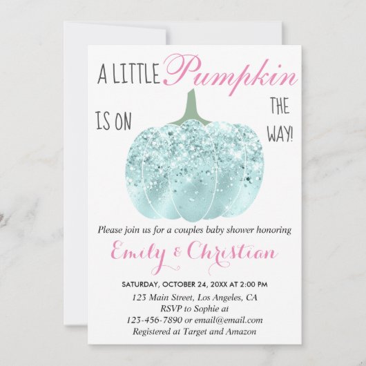 Glam Pumpkin Aqua Turquoise Glitter Baby shower Kaart (Voorkant)