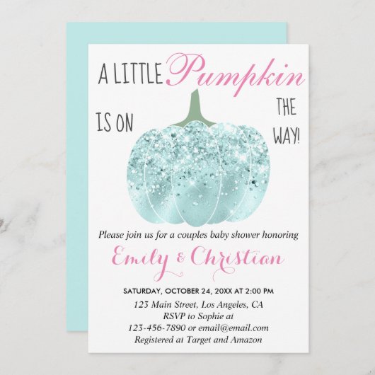 Glam Pumpkin Aqua Turquoise Glitter Baby shower Kaart (Voorkant / Achterkant)