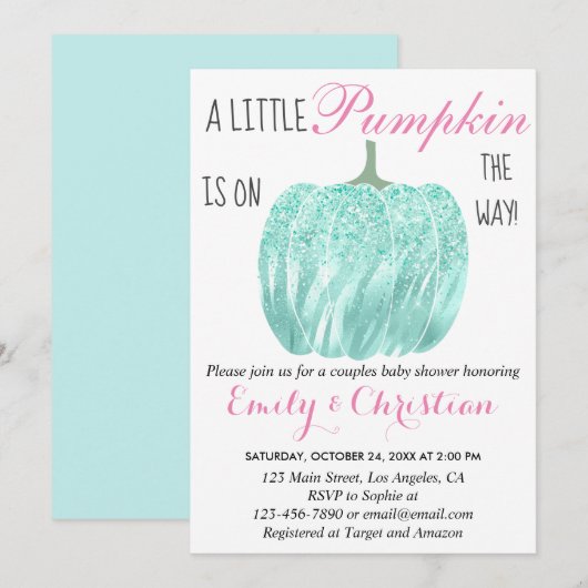 Glam Pumpkin Aqua Turquoise Glitter Baby shower Kaart (Voorkant / Achterkant)