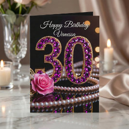 Glam Purple Amethyst Gems and Pearls 30th Birthday Kaart
