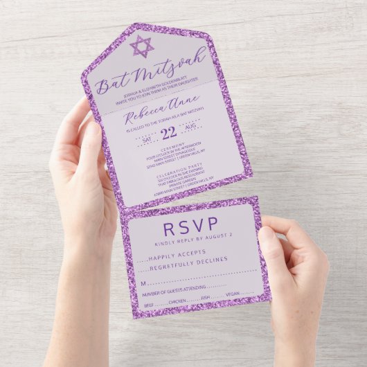 Glam Purple Classic Elegant Bat Mitzvah RSVP All In One Uitnodiging (Afscheurbaar)