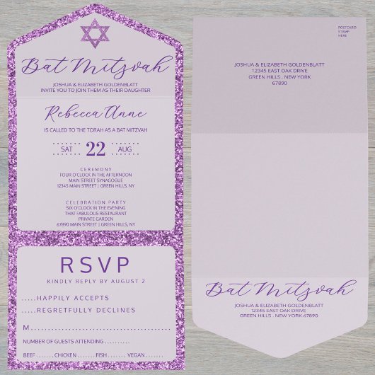 Glam Purple Classic Elegant Bat Mitzvah RSVP All In One Uitnodiging