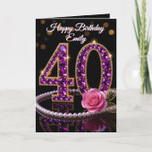 Glam Purple Diamonds Pearls Rose 40th Birthday Kaart (Voorkant)