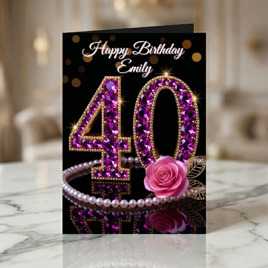 Glam Purple Diamonds Pearls Rose 40th Birthday Kaart