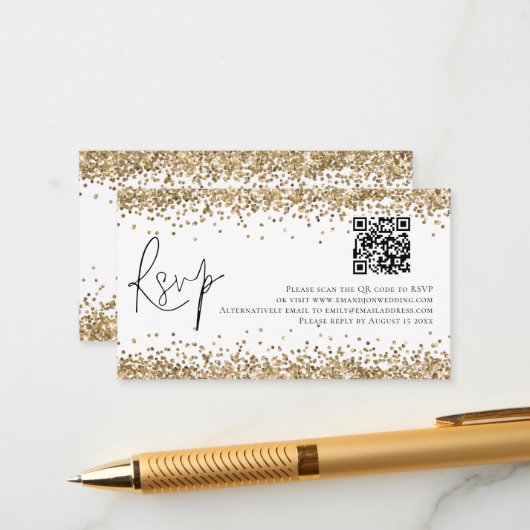 Glam QR Code Gold Glitter Weddenschap RSVP Informatiekaartje (Voorkant / Achterkant in situ)