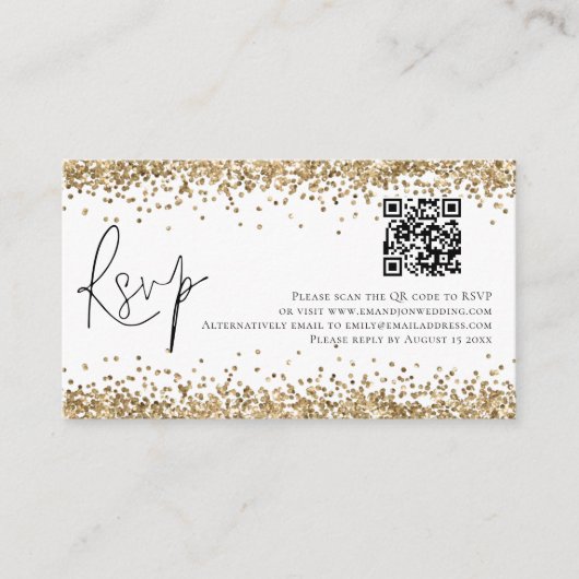 Glam QR Code Gold Glitter Weddenschap RSVP Informatiekaartje (Voorkant)