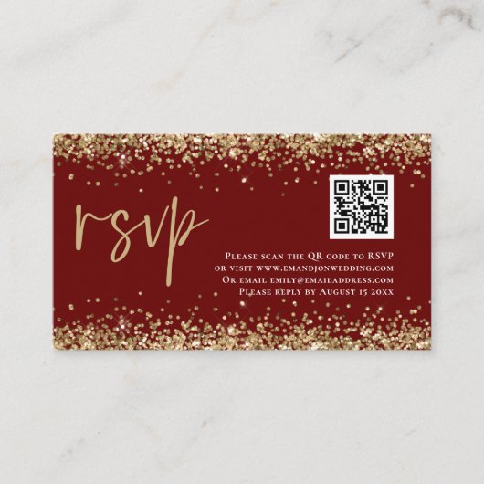 Glam QR Code Gold Glitter Wedding Burgundy RSVP Informatiekaartje (Voorkant)