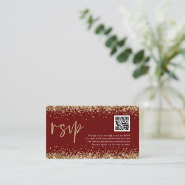 Glam QR Code Gold Glitter Wedding Burgundy RSVP Informatiekaartje