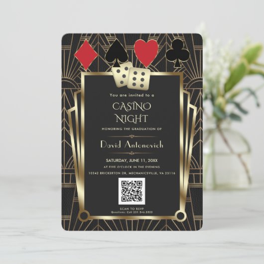 Glam QR-code Las Vegas Casino Night Afstudeerfeest Kaart (Staand voorkant)