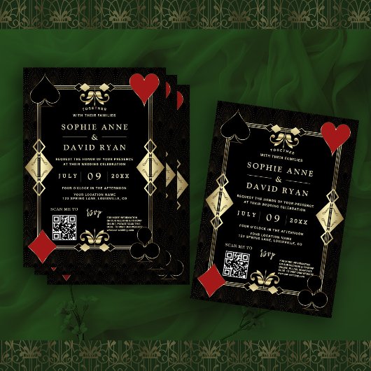 Glam QR Code Roaring 20s Gold Art Deco Bruiloft Kaart