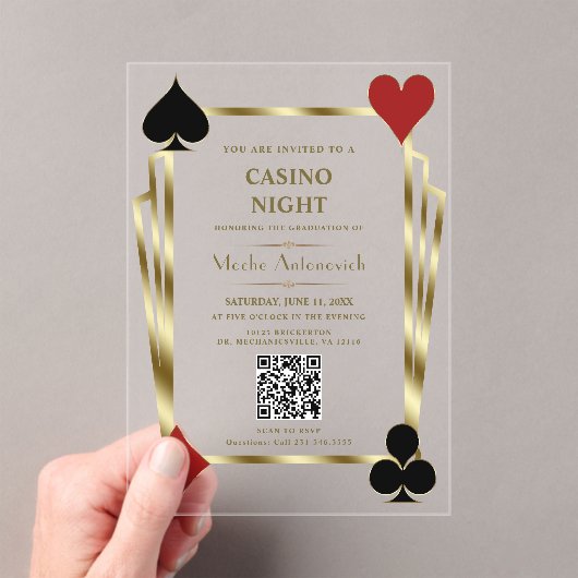 Glam QR Code Vegas Casino Night Man Afstuderen Acryl Uitnodigingen (Insitu (Draagbaar))