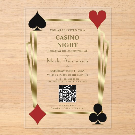 Glam QR Code Vegas Casino Night Man Afstuderen Acryl Uitnodigingen (Voorkant)