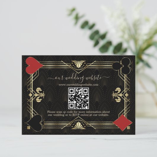Glam QR Code Zwart Goud Art Deco Huwelijk RSVP Kaartje (Staand voorkant)