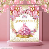 Glam Quinceañera Achtergrond Roze Jurk Goud Tiara Wandkleed