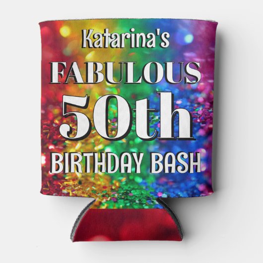 Glam Rainbow Glitter Fabulous 50 Birthday Party Blikjeskoeler (Voorkant)