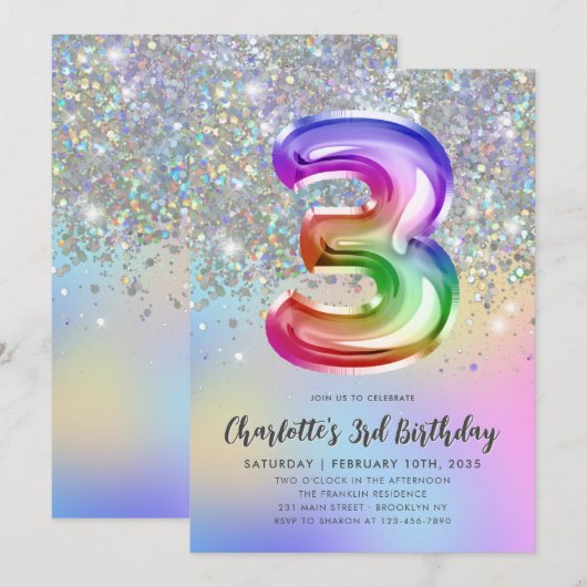 Glam Rainbow Glitter Folie Pastel Girl 3rd Birthda Kaart (Voorkant / Achterkant)