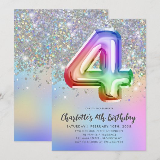 Glam Rainbow Glitter Folie Pastel Girl 4e verjaard Kaart (Voorkant / Achterkant)