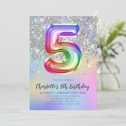 Glam Rainbow Glitter Folie Pastel Girl 5e verjaard Kaart (Staand voorkant)