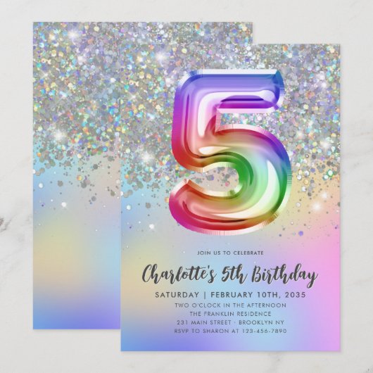 Glam Rainbow Glitter Folie Pastel Girl 5e verjaard Kaart (Voorkant / Achterkant)